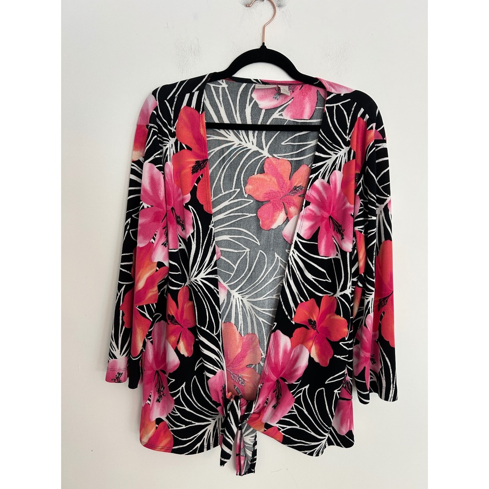 Chicos Easywear Floral Tie Front Cardigan Pink Hibiscus Tropical Black Size 2 L